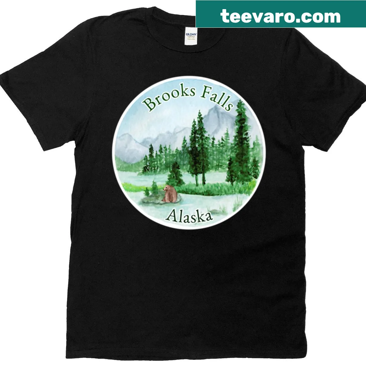 Scenic illustration of Brooks Falls on a nature t-shirt — on a men's t-shirt