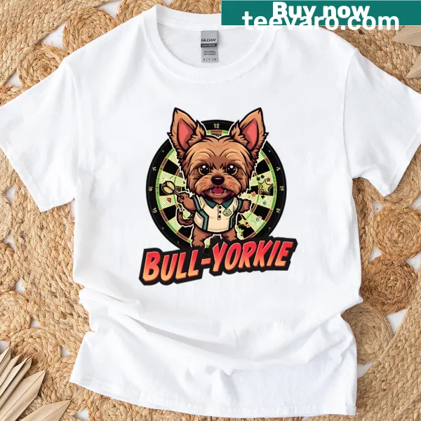 Kawaii chibi Yorkshire Terrier playing darts on a t-shirt.