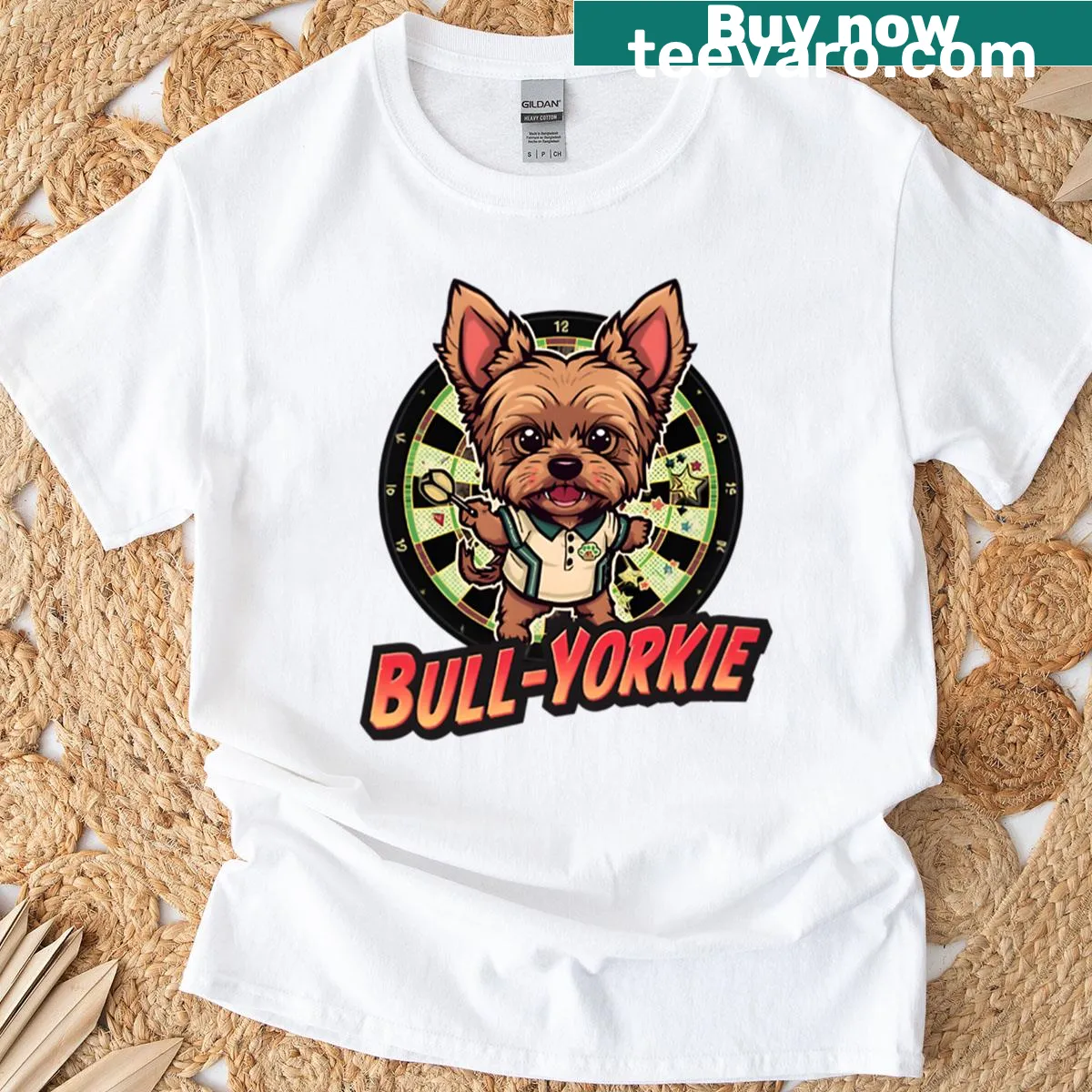 Kawaii chibi Yorkshire Terrier playing darts on a t-shirt. — on a men's t-shirt