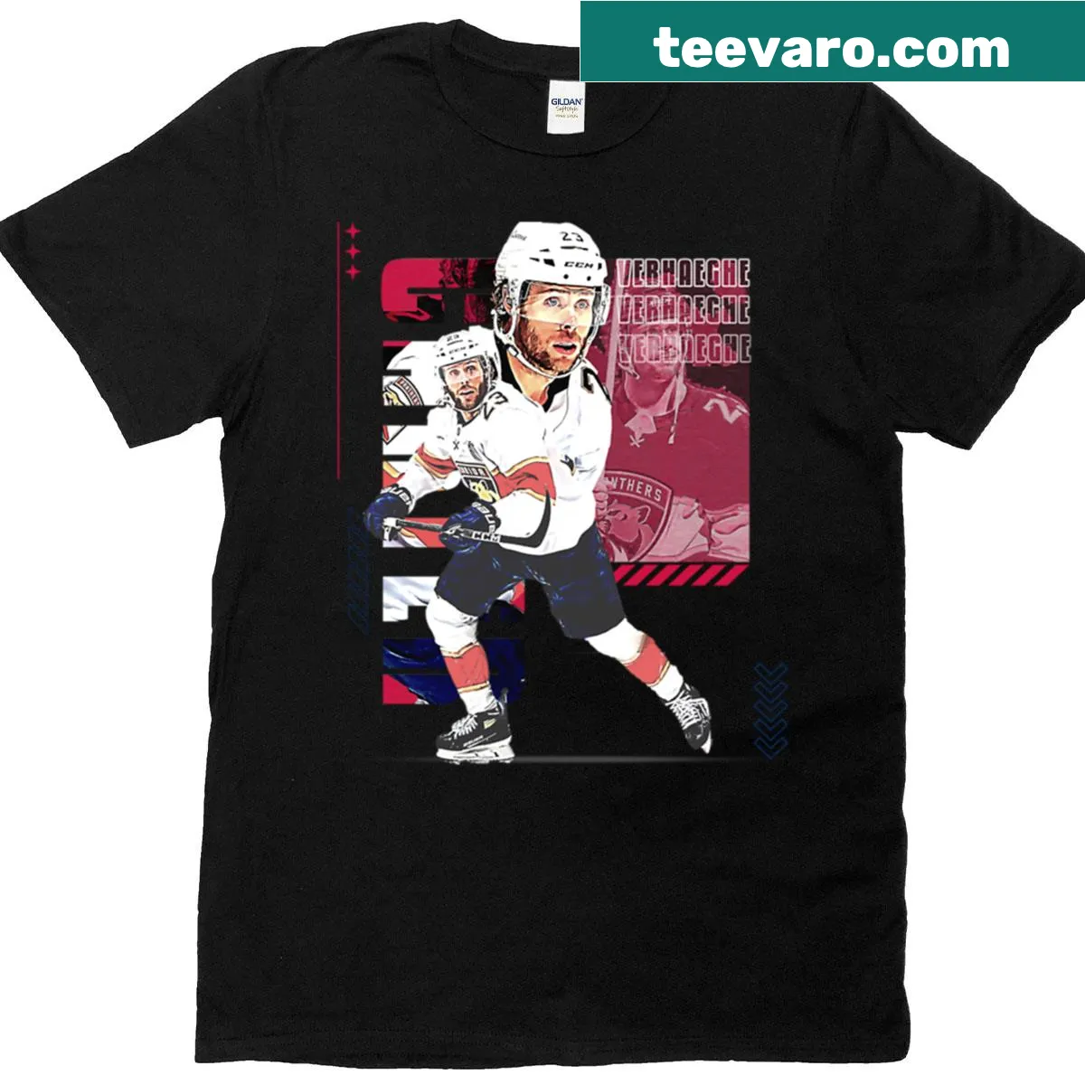 T-shirt featuring a dynamic graphic of a hockey player in action. — on a men's t-shirt