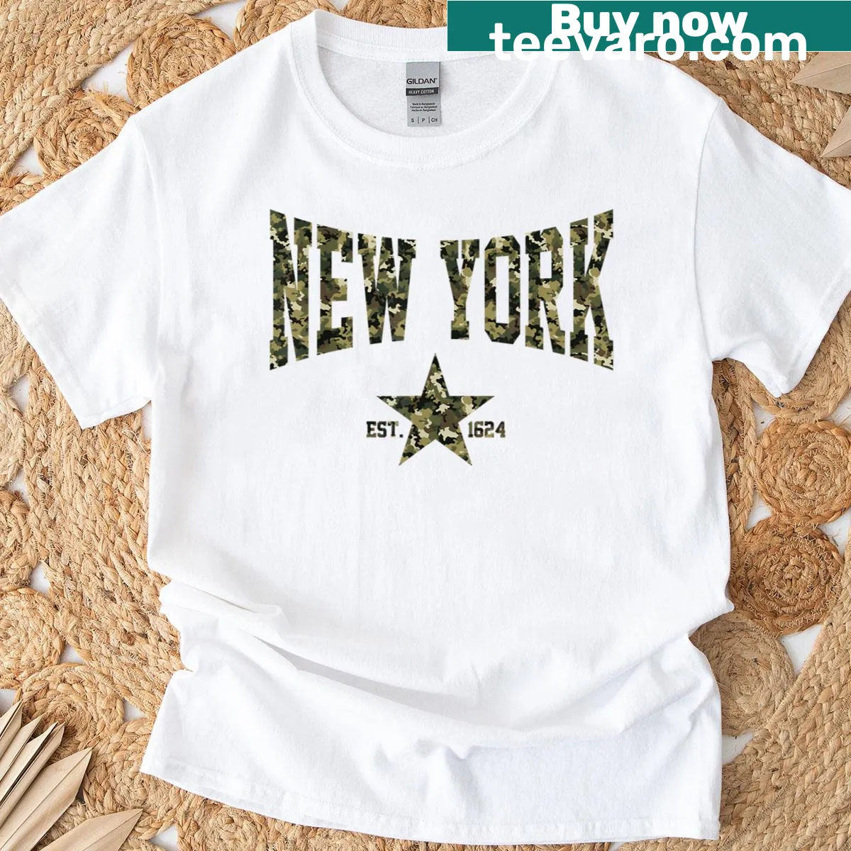 Camo souvenir T-shirt featuring USA star emblem — on a men's t-shirt