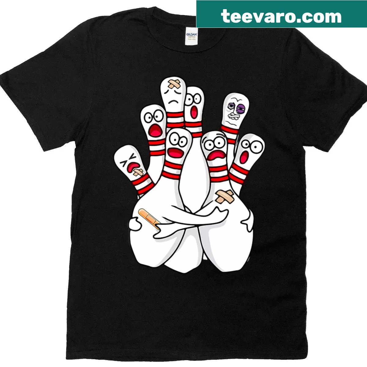 Funny cartoon scared bowling pins T-shirt — on a men's t-shirt