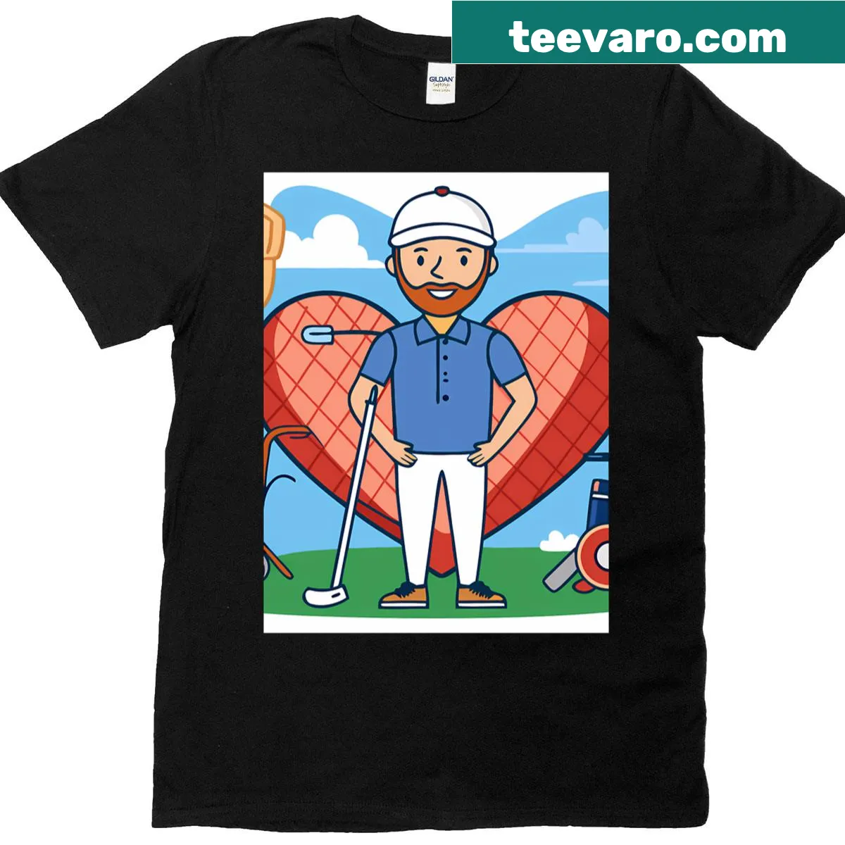 Cartoon T-shirt depicting golfers enjoying a serene golf course scene. — on a men's t-shirt