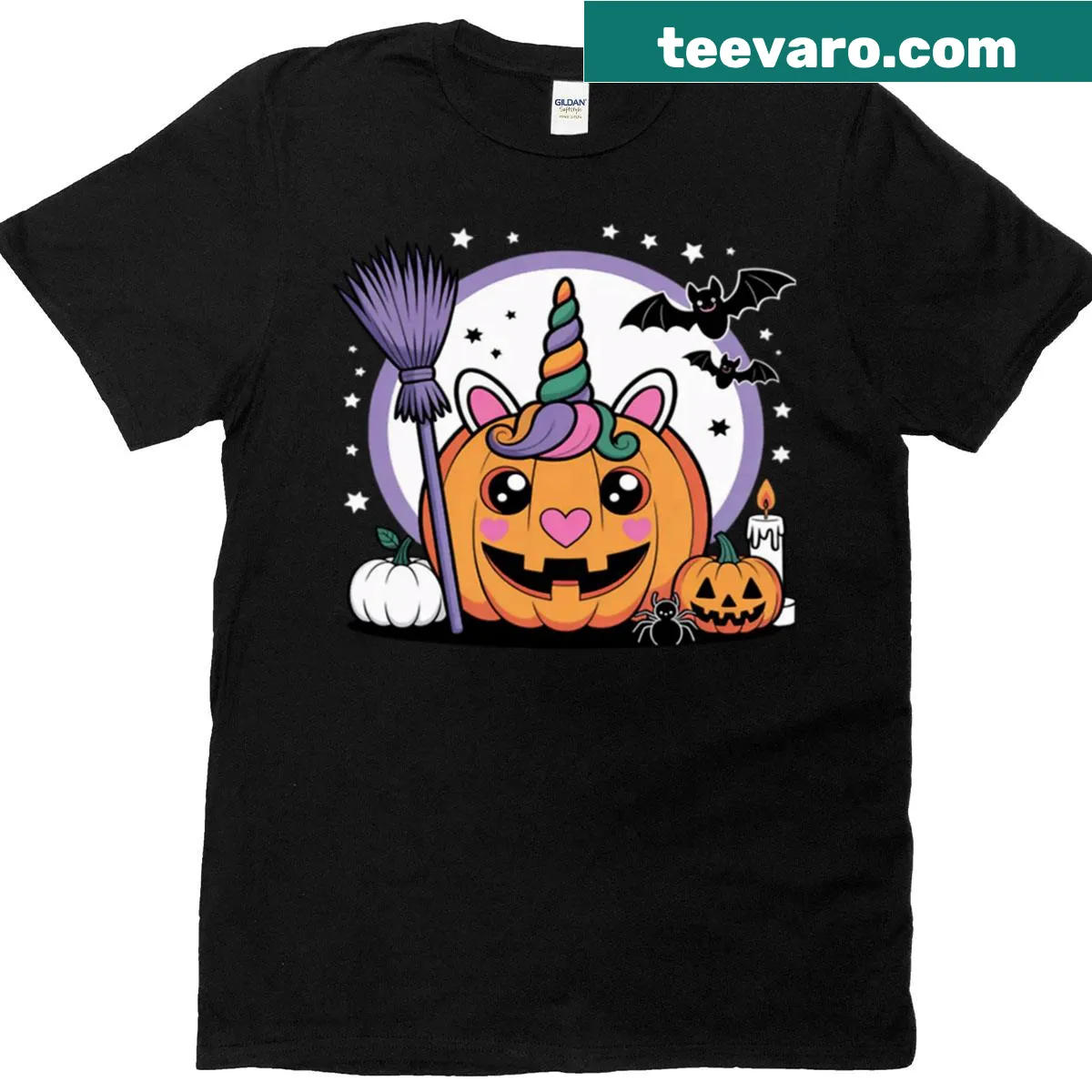Cute Halloween t-shirt with a pumpkin designed as a unicorn face — on a men's t-shirt