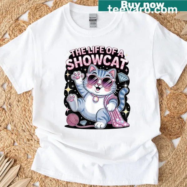 Cartoon graphic of a showcat on a humorous T-shirt for cat lovers