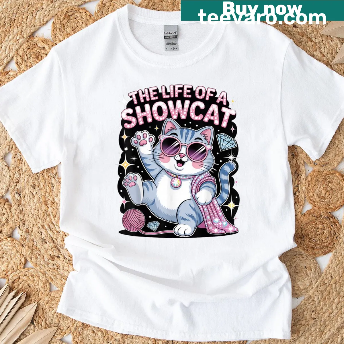 Cartoon graphic of a showcat on a humorous T-shirt for cat lovers — on a men's t-shirt