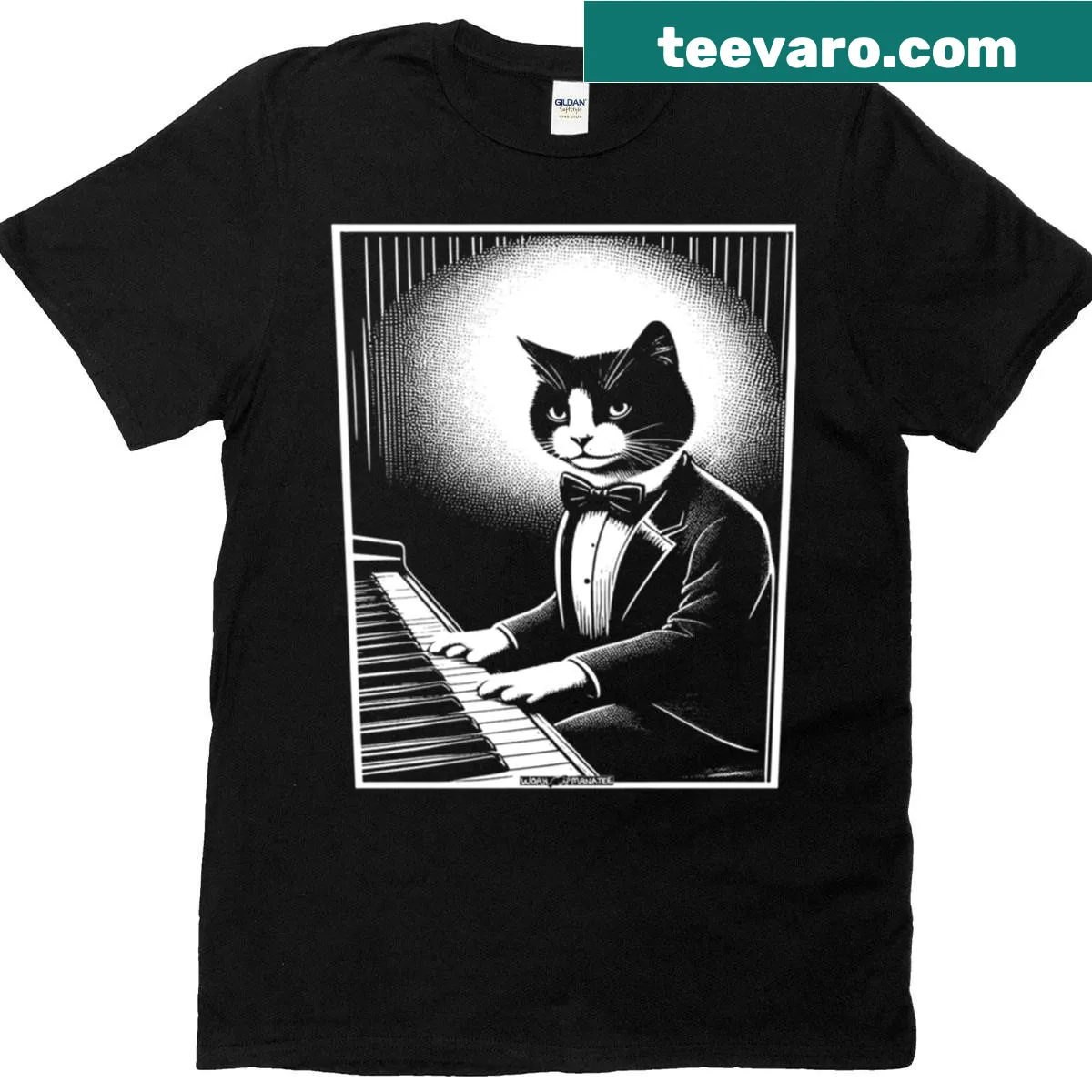 Illustration of a cat playing piano, showcasing musical creativity — on a men's t-shirt