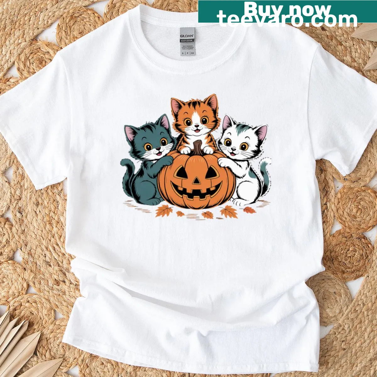 T-shirt with playful cats on pumpkins and Halloween icons — on a men's t-shirt