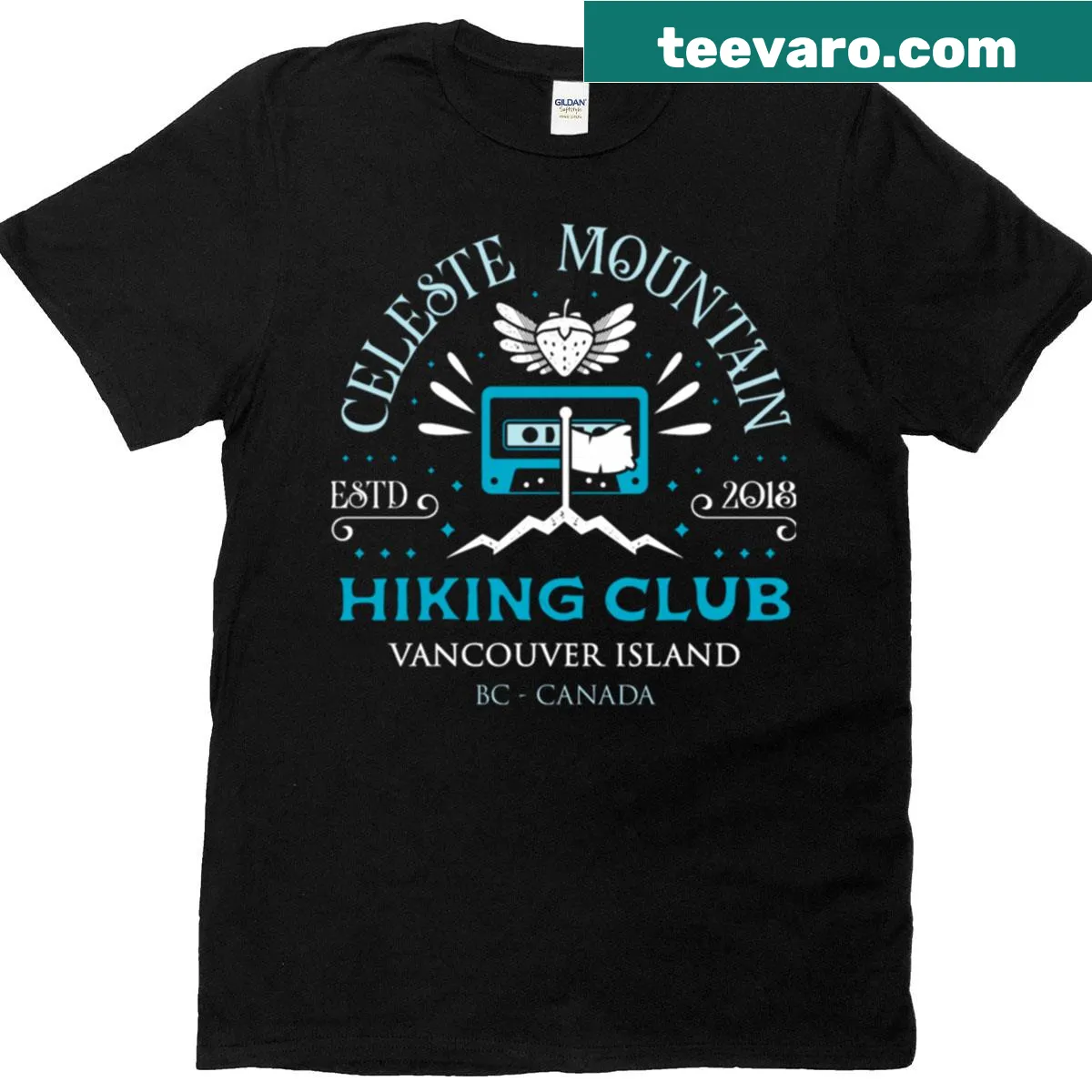 Hiking club T-shirt featuring Celeste Mountain design — on a men's t-shirt