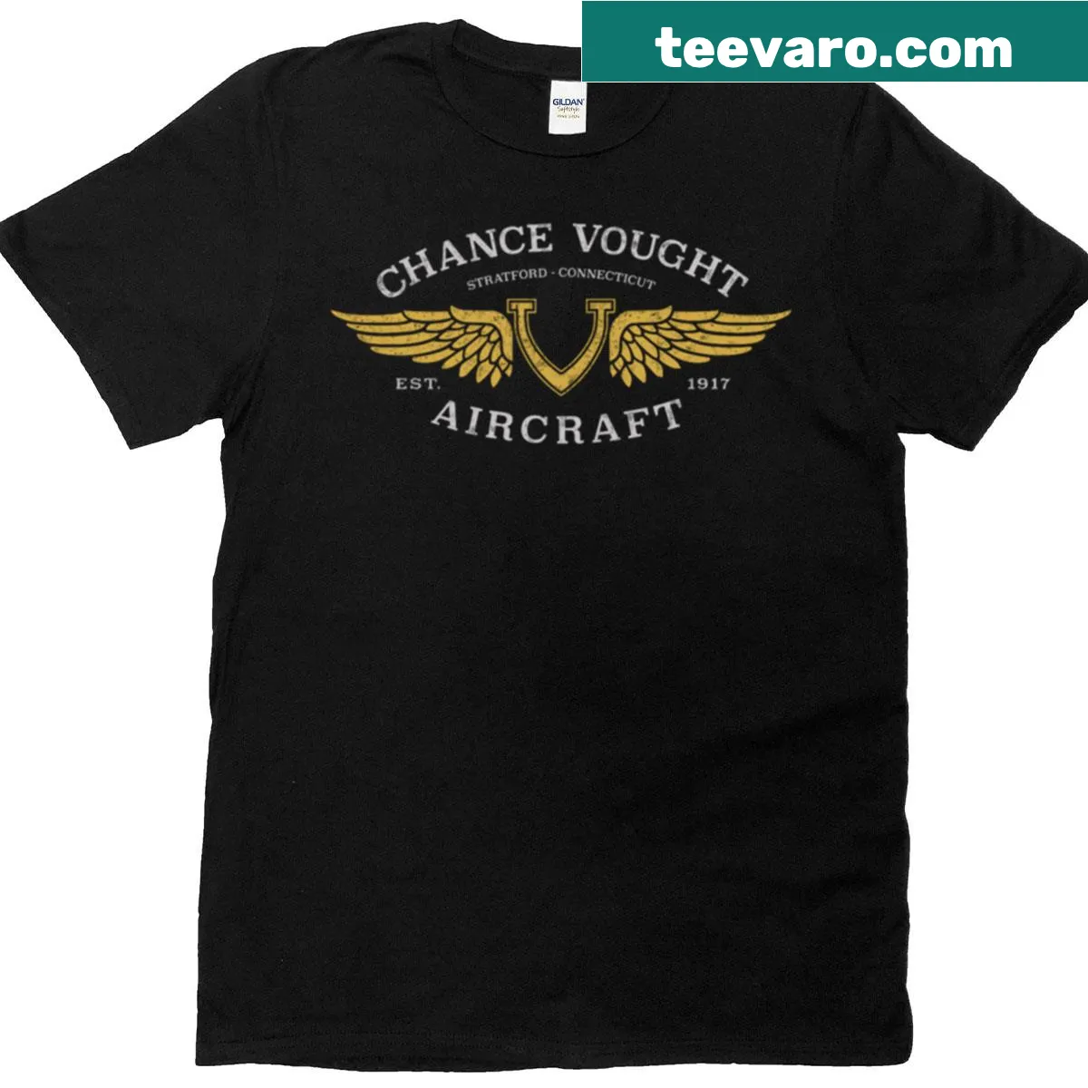 Intricate graphic of a Chance Vought aircraft on T-shirt — on a men's t-shirt