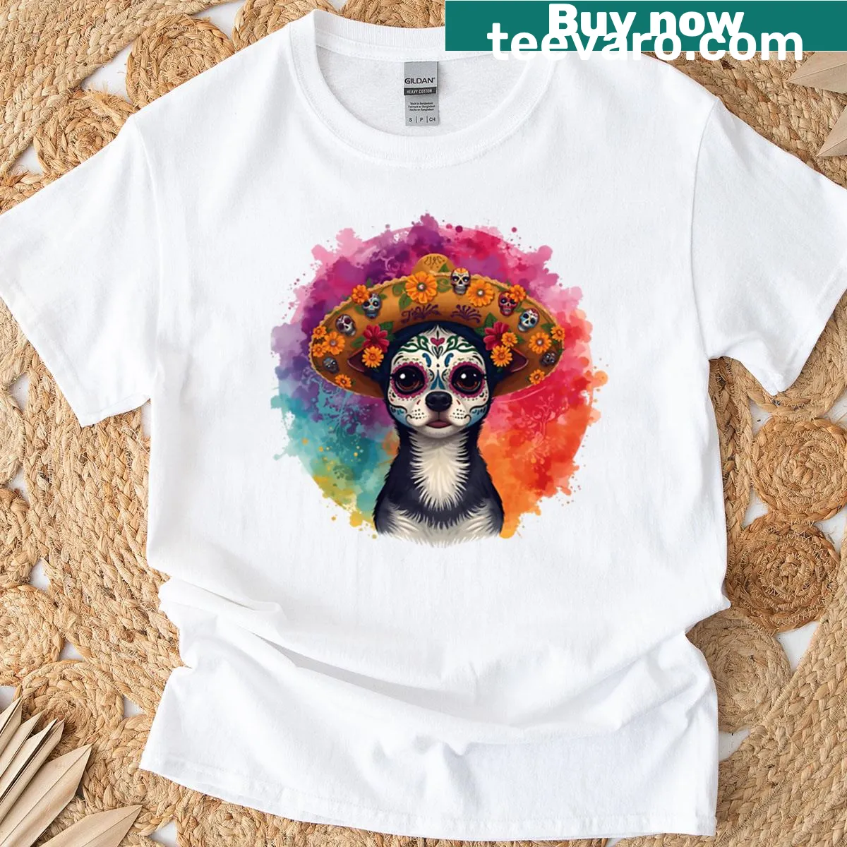 Chihuahua design with a sugar skull and hat for Day of the Dead — on a men's t-shirt