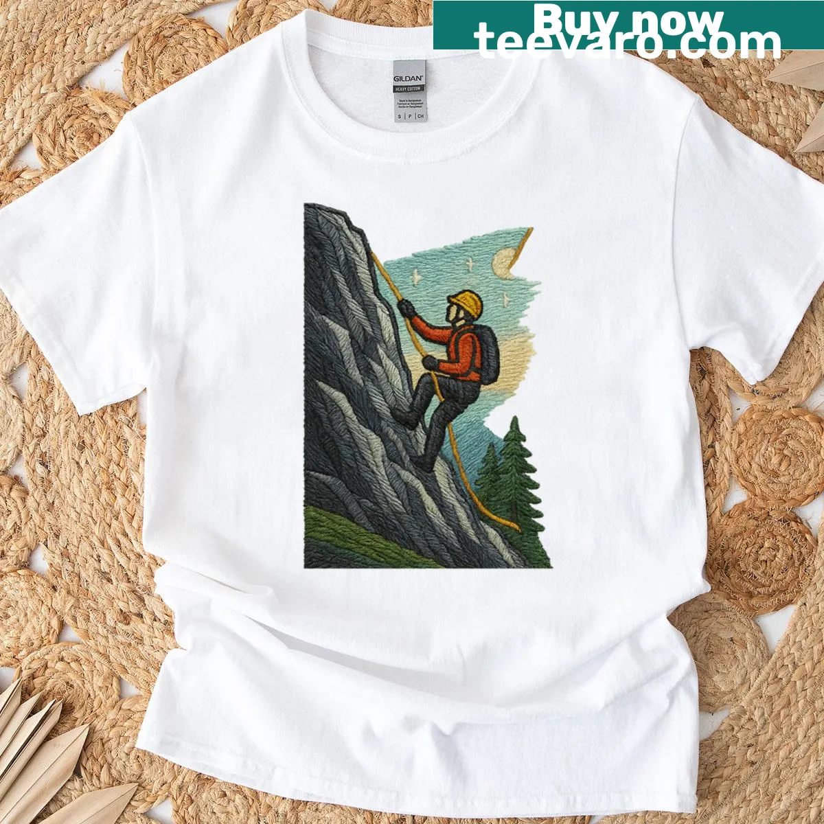 Embroidered climber graphic T-shirt for outdoor enthusiasts — on a men's t-shirt