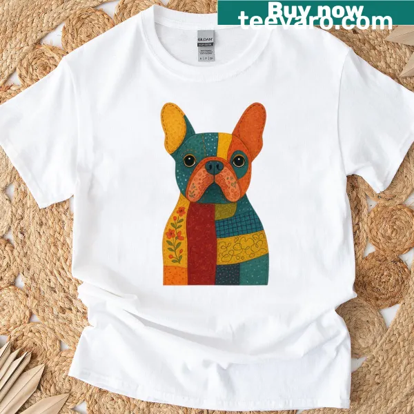 Whimsical French Bulldog illustration in patchwork style