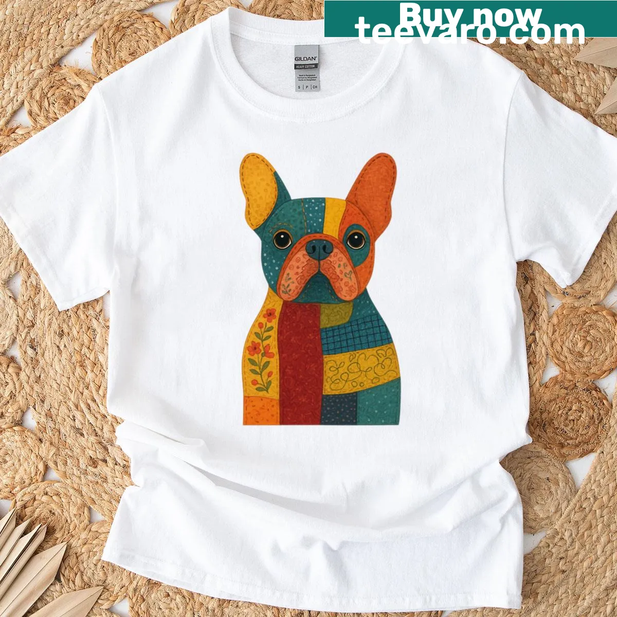 Whimsical French Bulldog illustration in patchwork style — on a men's t-shirt