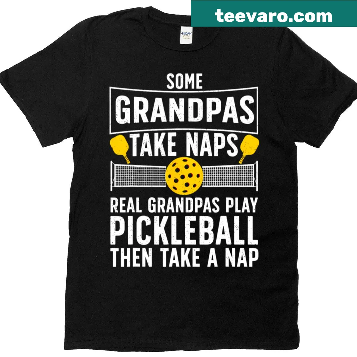 Vintage-style T-shirt for pickleball grandpas with paddle graphic — on a men's t-shirt