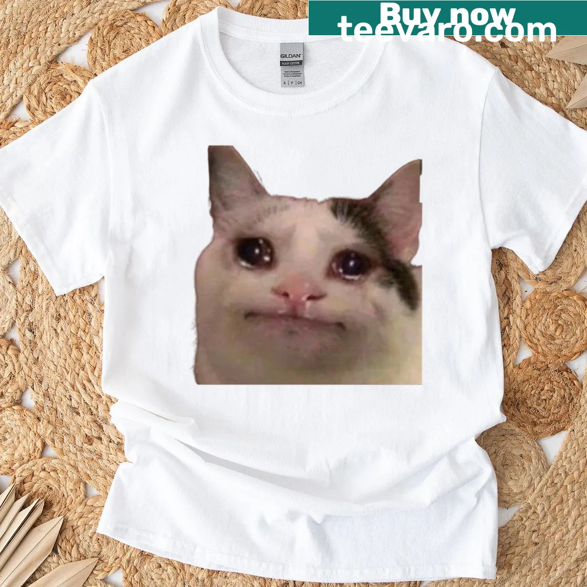 Graphic T-shirt featuring the iconic crying cat meme — on a men's t-shirt