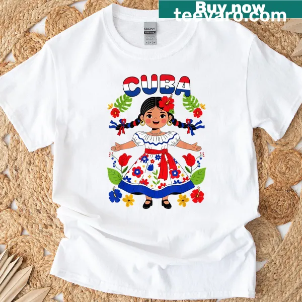 Illustration of a Cuban girl in traditional dress with flowers