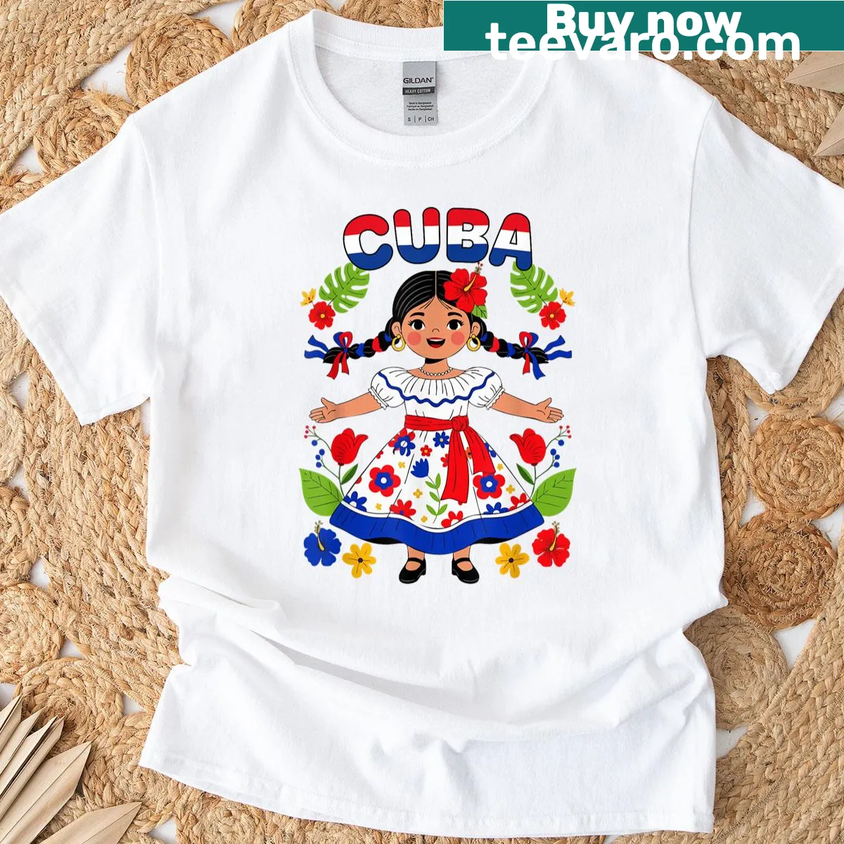 Illustration of a Cuban girl in traditional dress with flowers — on a men's t-shirt
