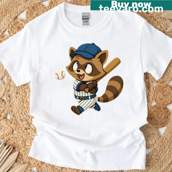 Cute anime raccoon baseball player illustration T-shirt for kids