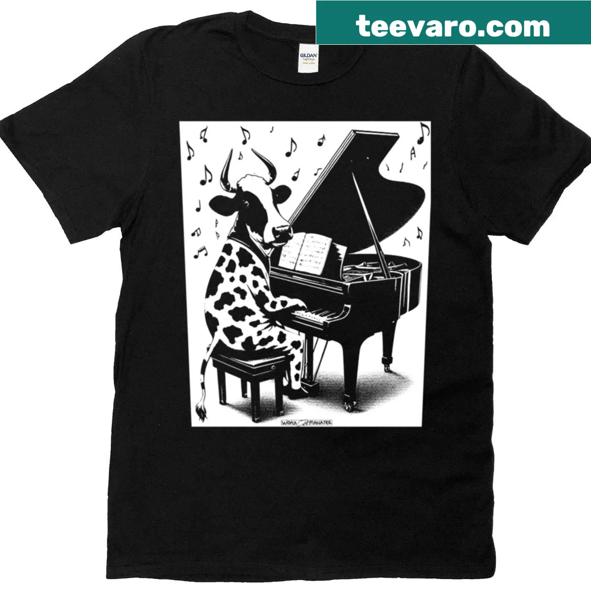Illustration of a cute cow playing piano on a T-shirt — on a men's t-shirt