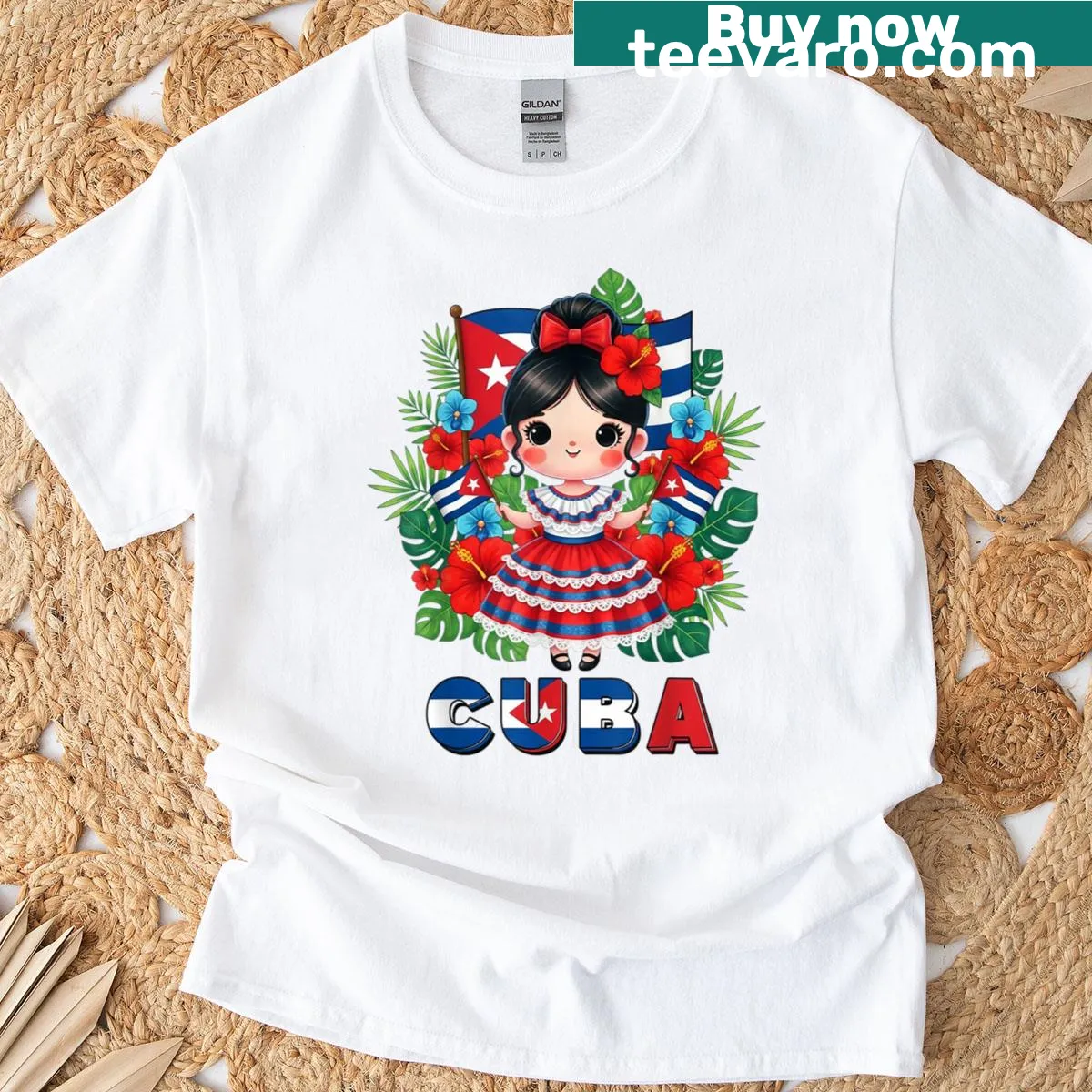 Cuban girl in traditional dress surrounded by flowers on T-shirt — on a men's t-shirt