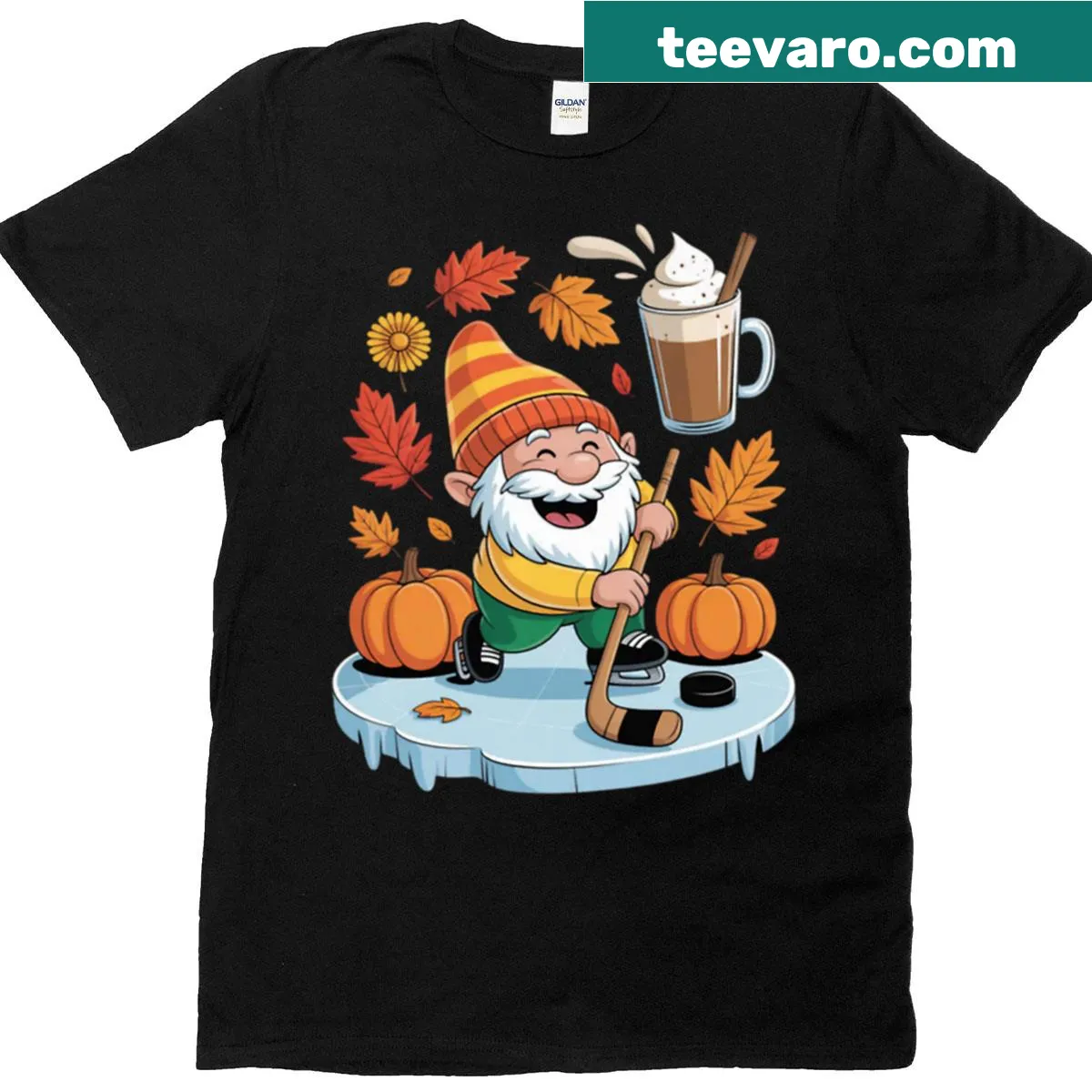 Adorable gnome design featuring ice hockey and pumpkin spice — on a men's t-shirt