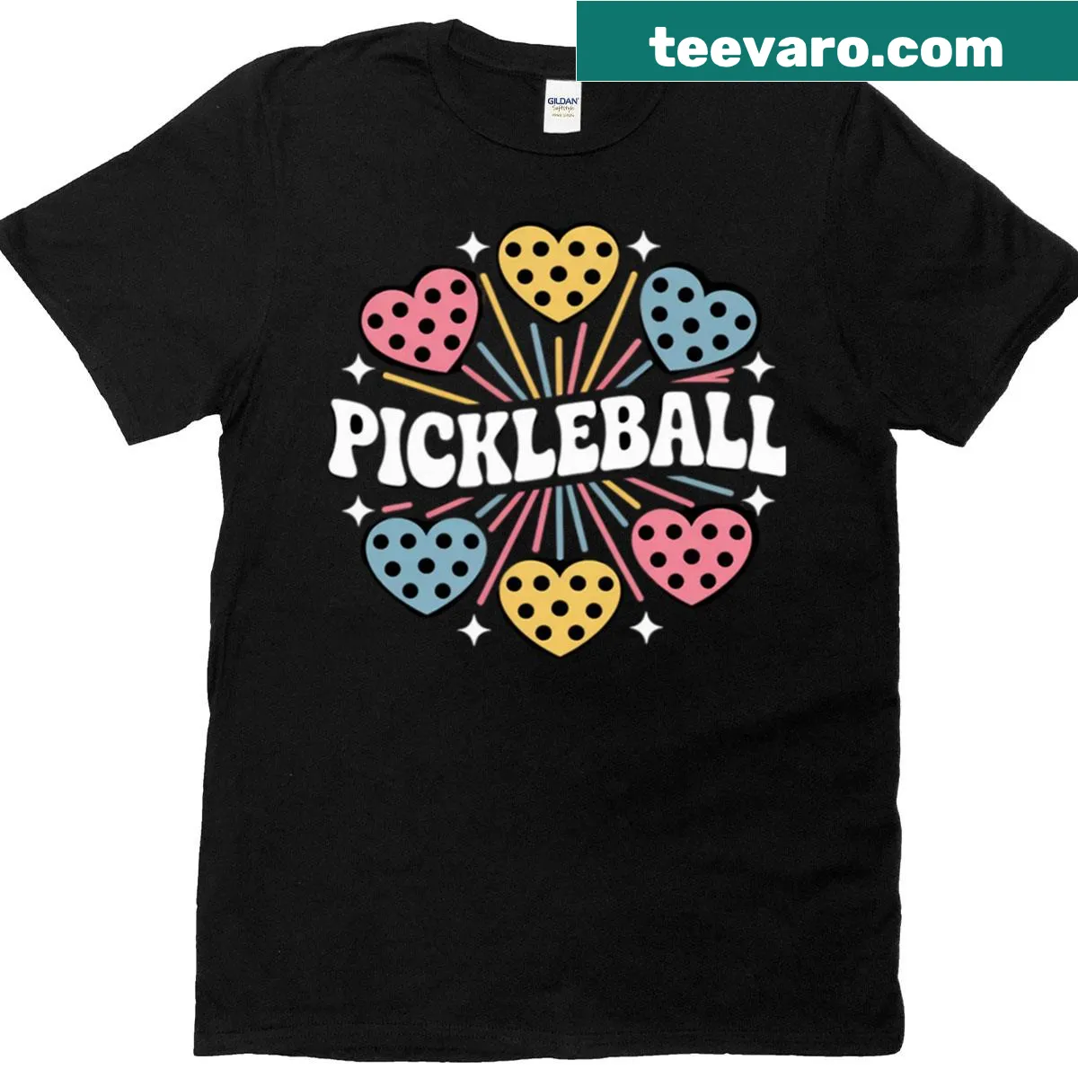 Cute Pickleball T-shirt featuring hearts and retro design elements. — on a men's t-shirt