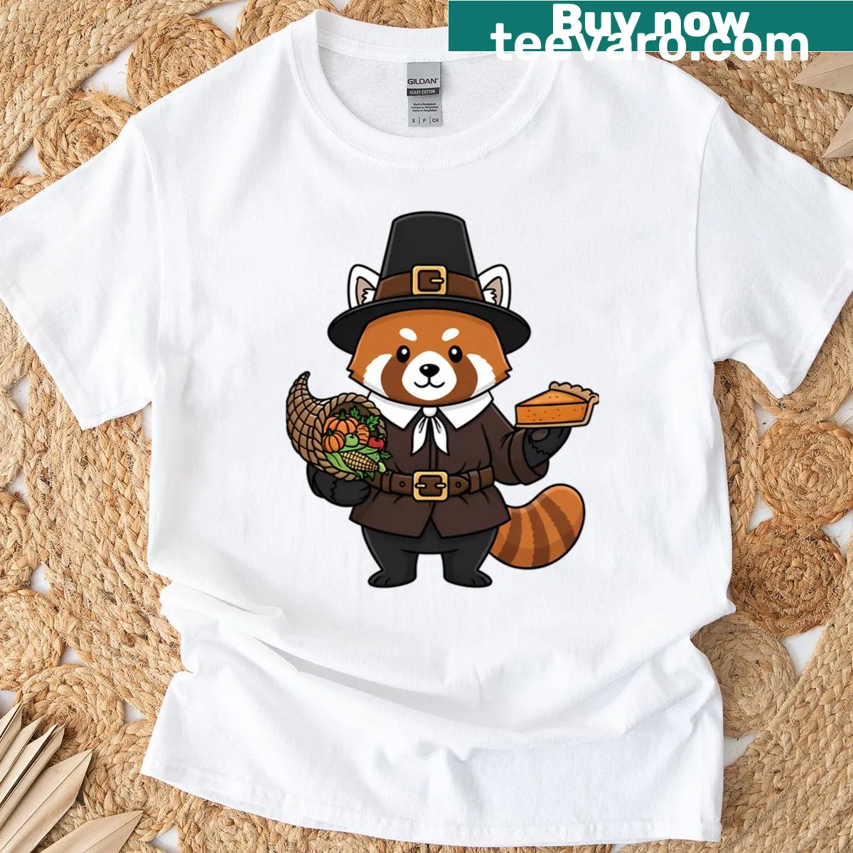 Red panda in a pilgrim hat for Thanksgiving illustration t-shirt — on a men's t-shirt