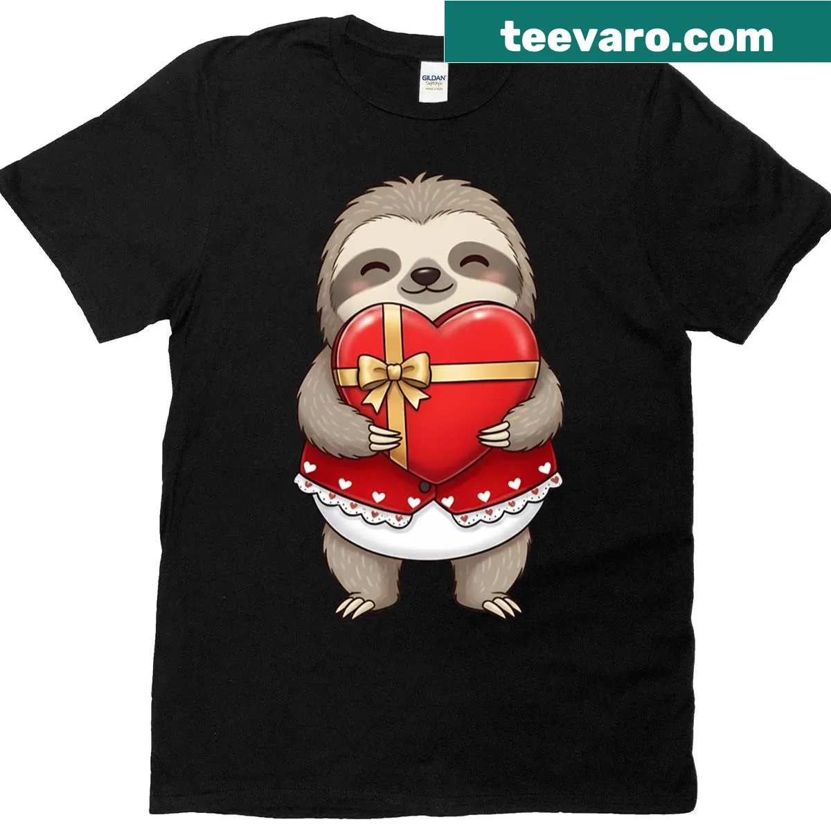Cute Valentine's t-shirt featuring a sloth holding a heart box. — on a men's t-shirt