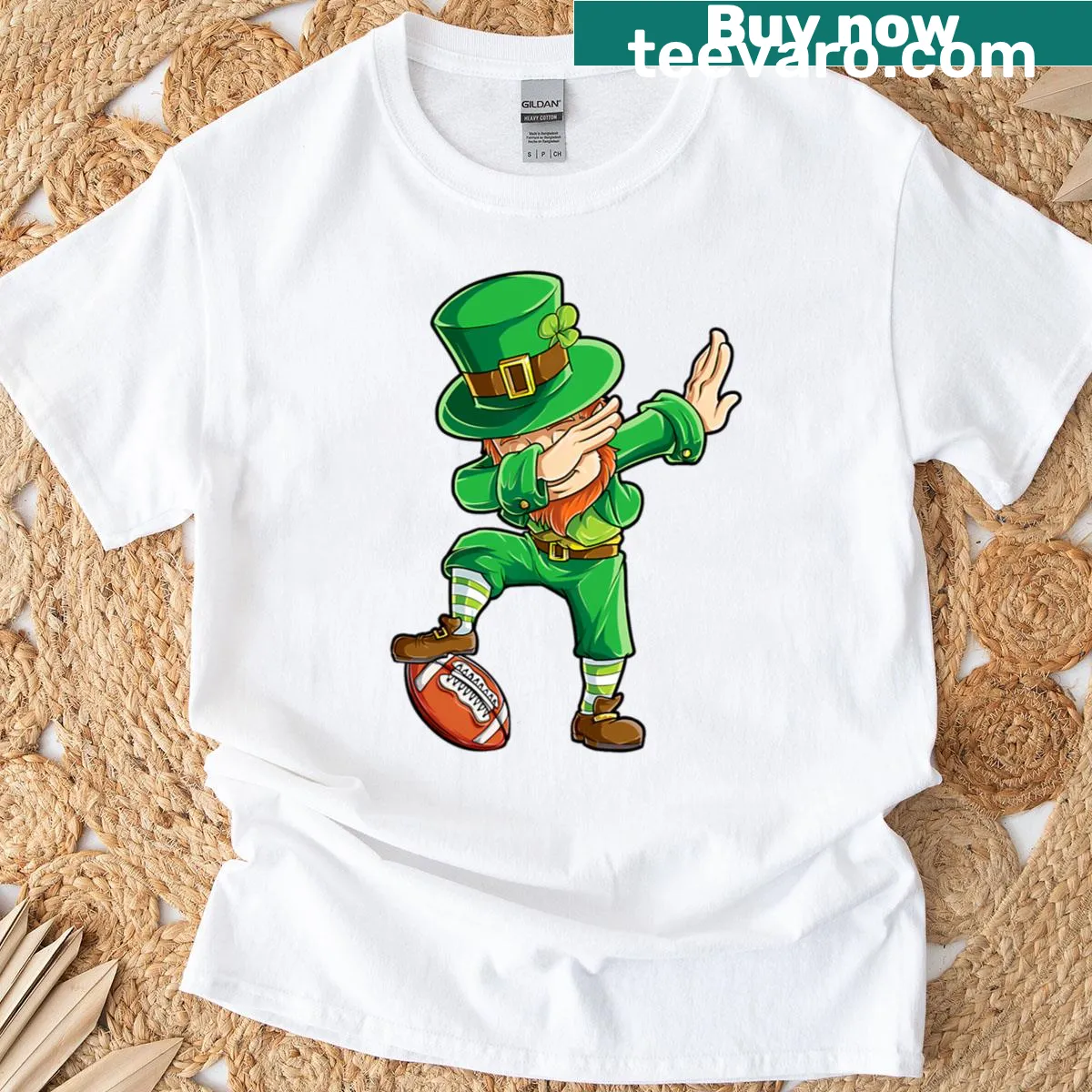 Dabbing leprechaun cartoon graphic T-shirt — on a men's t-shirt