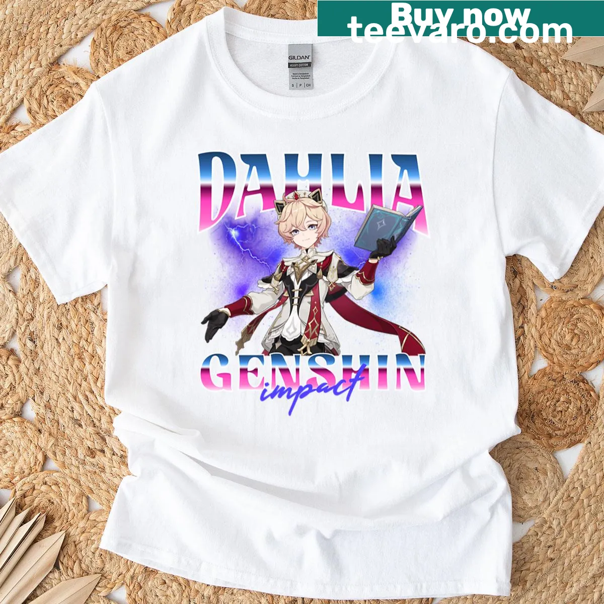 Dahlia character from Genshin Impact graphic T-shirt — on a men's t-shirt