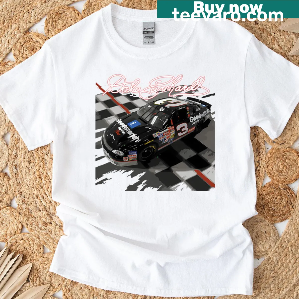 T-shirt featuring a Dale Nascar Racing Cup car illustration — on a men's t-shirt