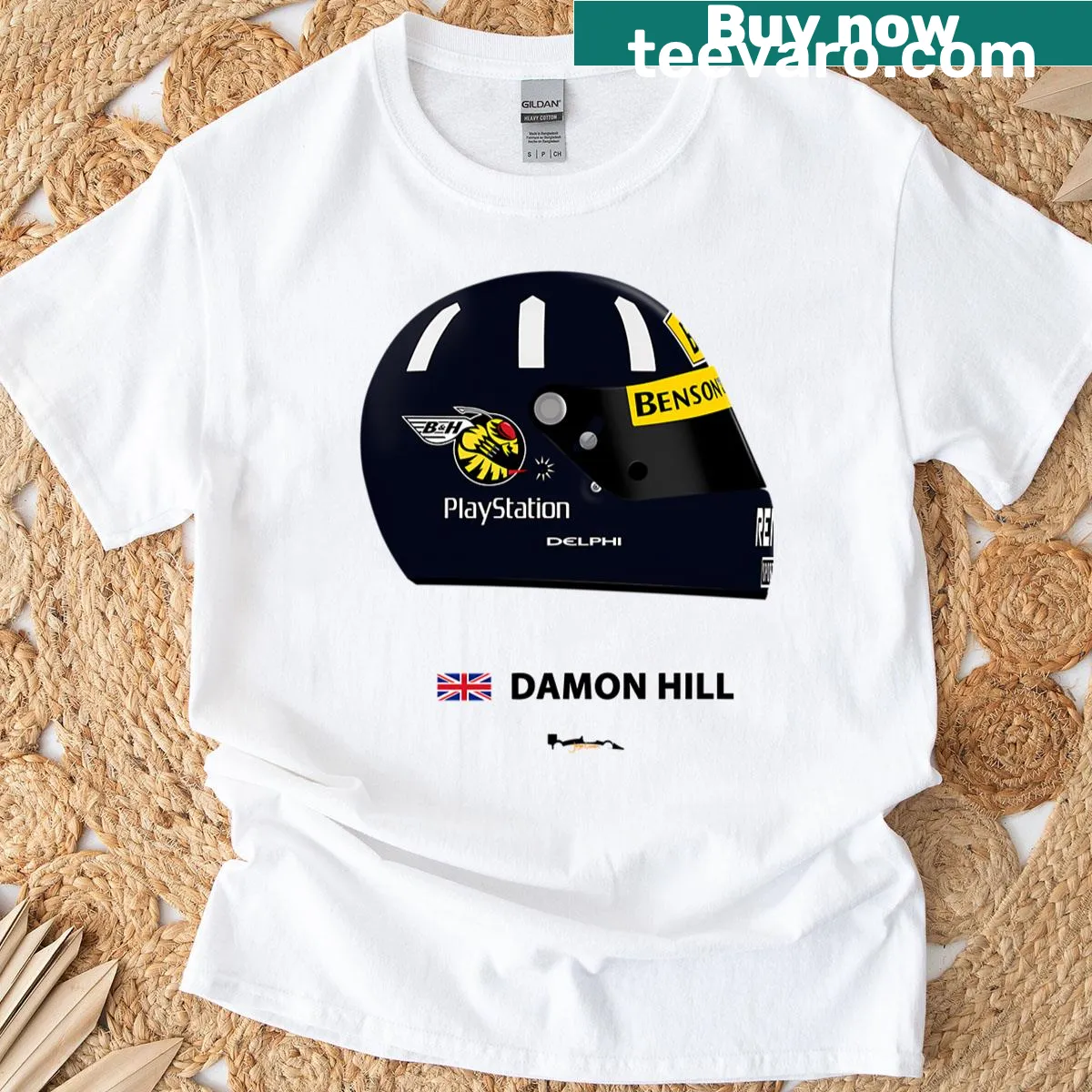 Illustration of Damon Hill's helmet on T-shirt — on a men's t-shirt