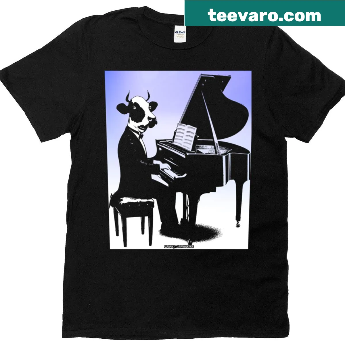Illustration of a dapper cow playing piano on a T-shirt — on a men's t-shirt