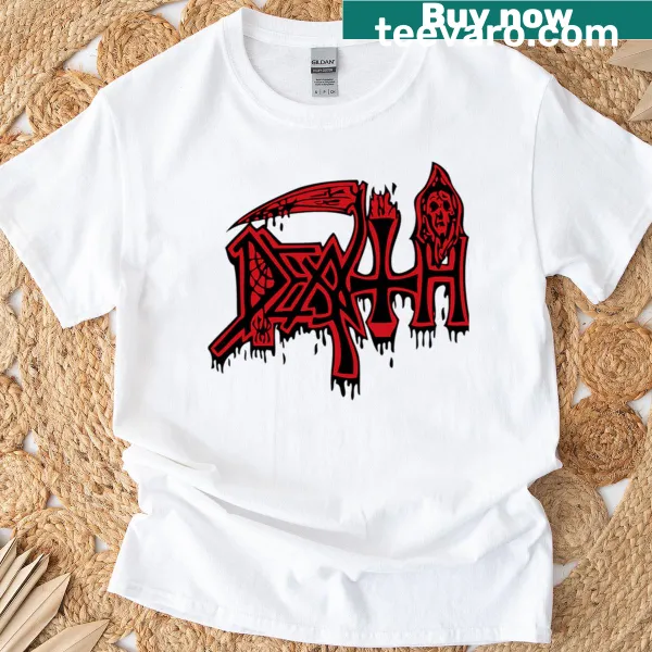 Bold graphic design featuring a death logo on a t-shirt