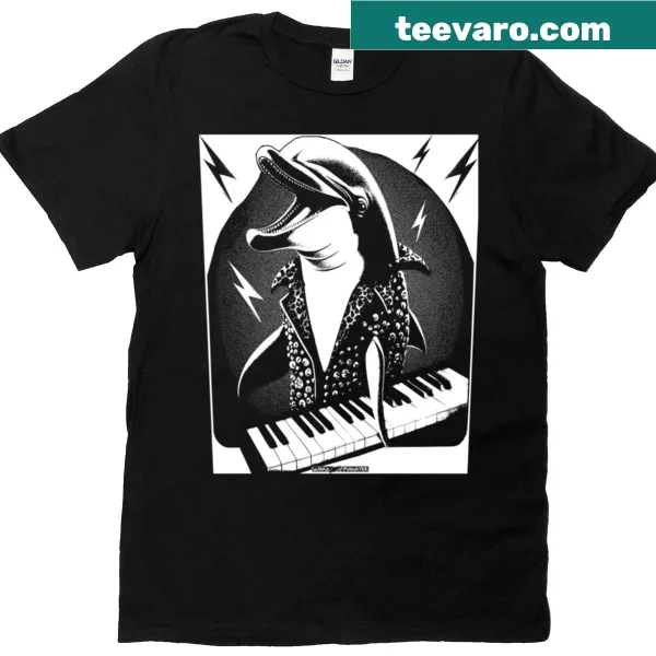 Illustrative t-shirt featuring dolphins and a keyboard design.
