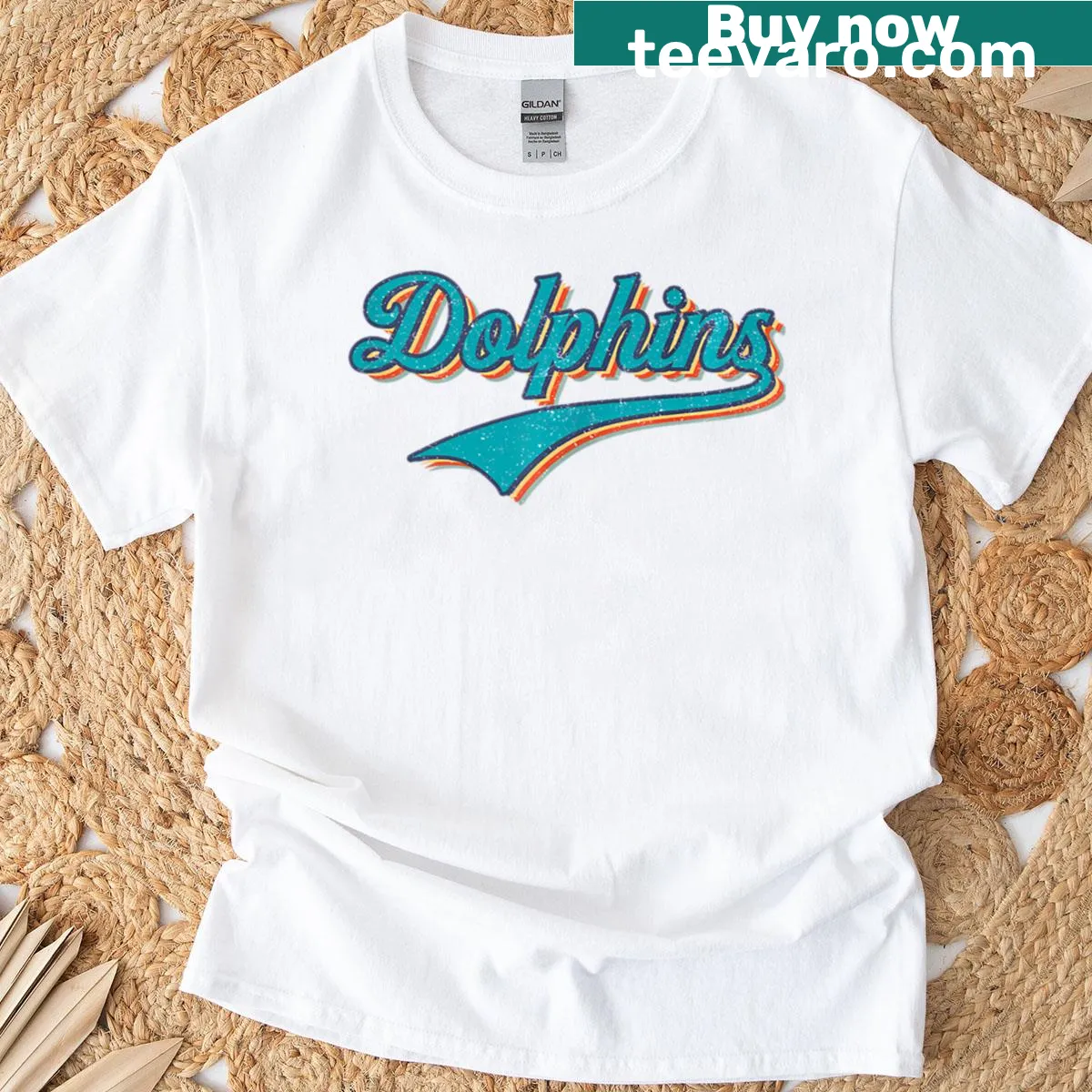Vintage Dolphins sports name graphic on t-shirt — on a men's t-shirt