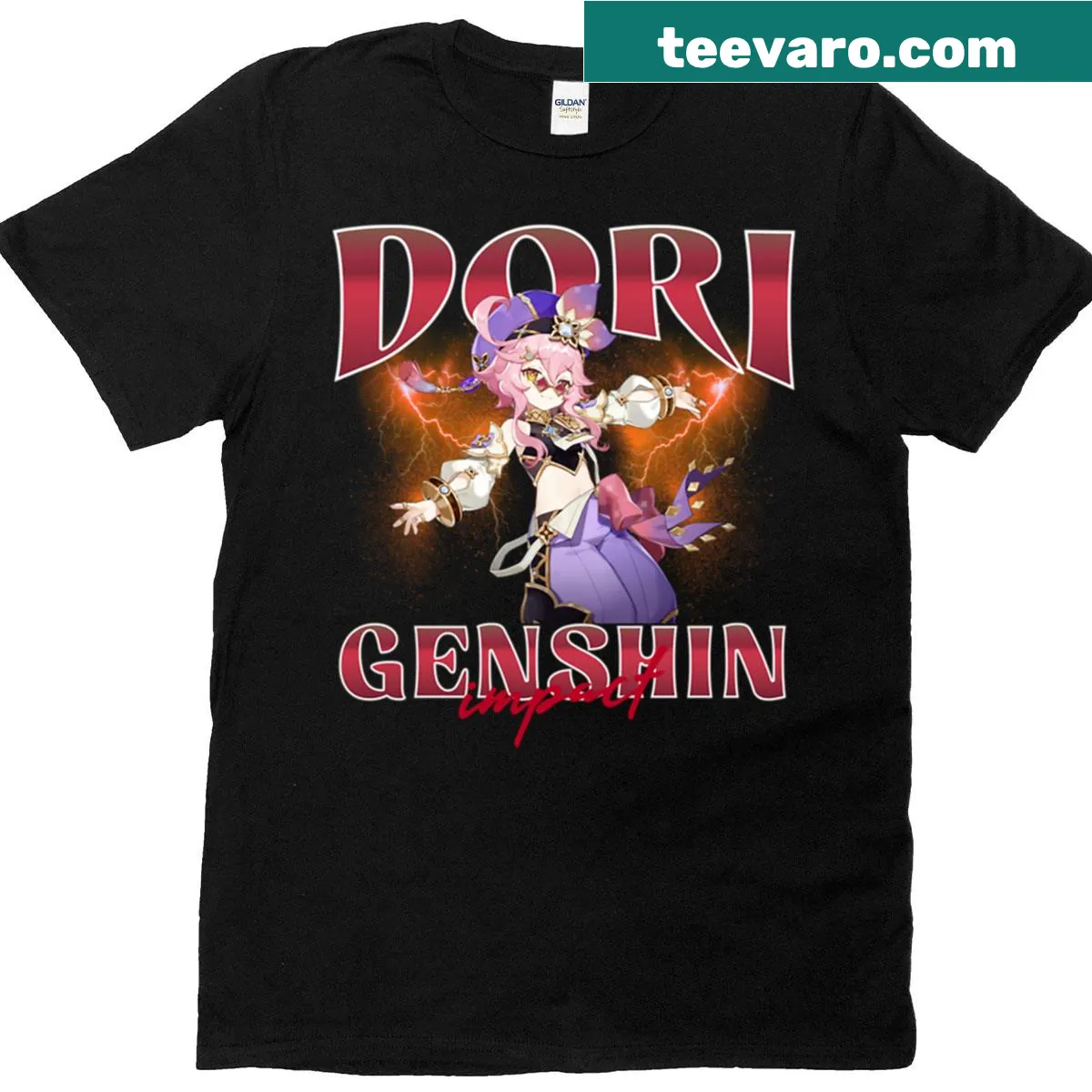 Dori character graphic from Genshin Impact on T-shirt — on a men's t-shirt