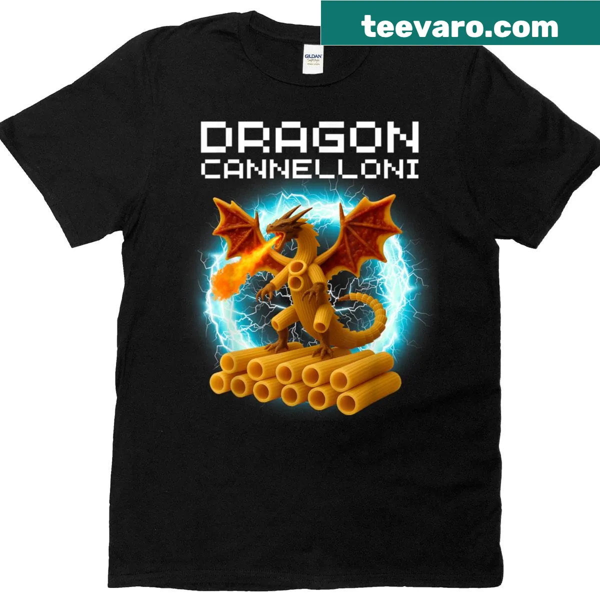 Cartoon tee with a dragon enjoying cannelloni and meme text — on a men's t-shirt