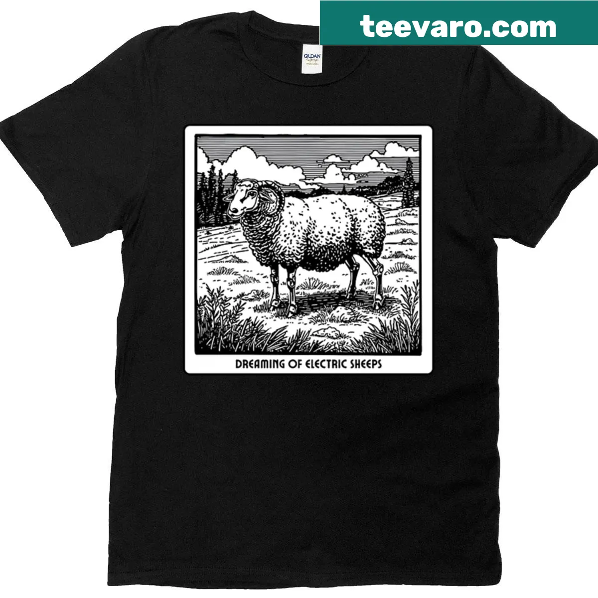 Illustrative tee referencing Do Androids Dream Of Electric Sheep — on a men's t-shirt