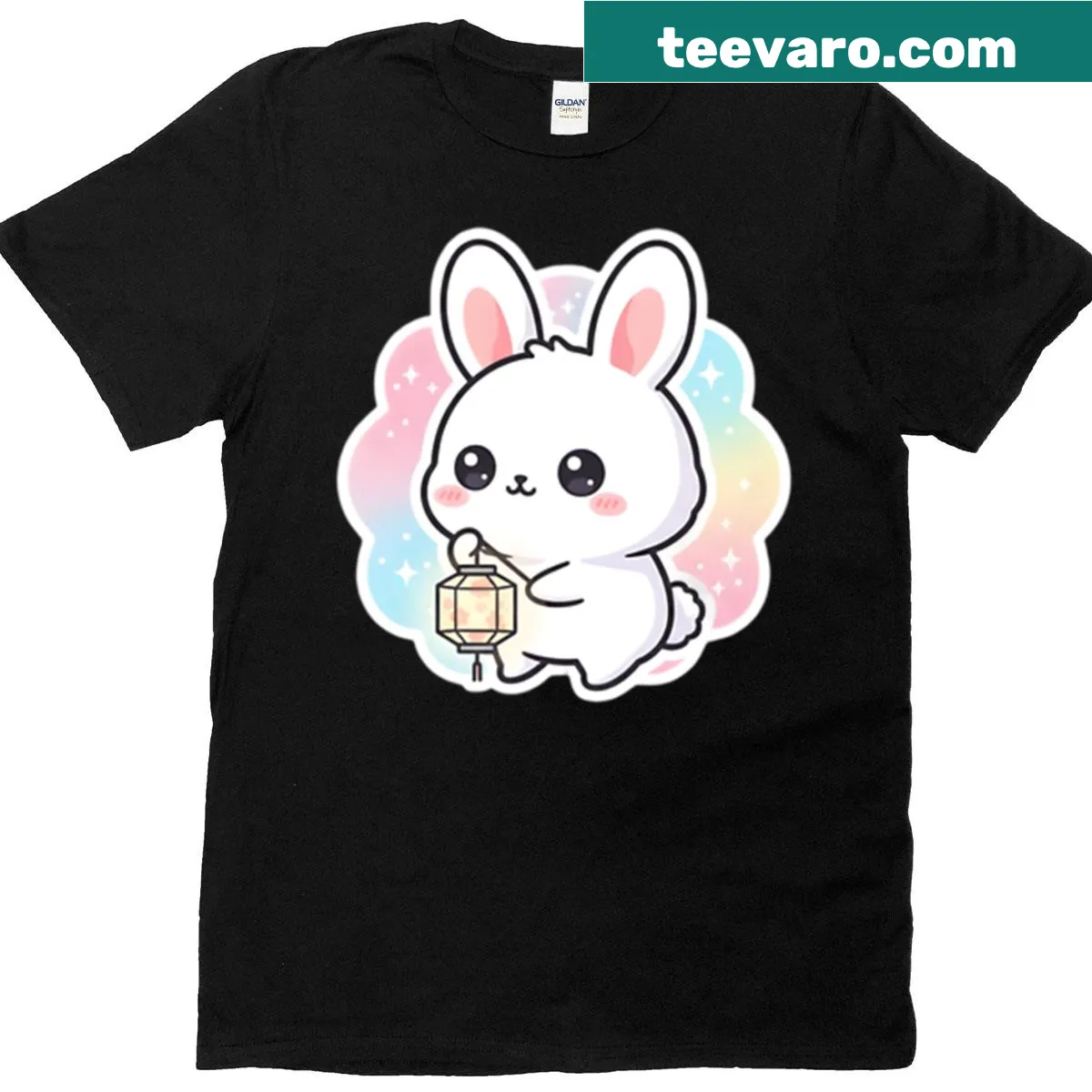 Cute t-shirt with bunny and celestial night sky illustration — on a men's t-shirt