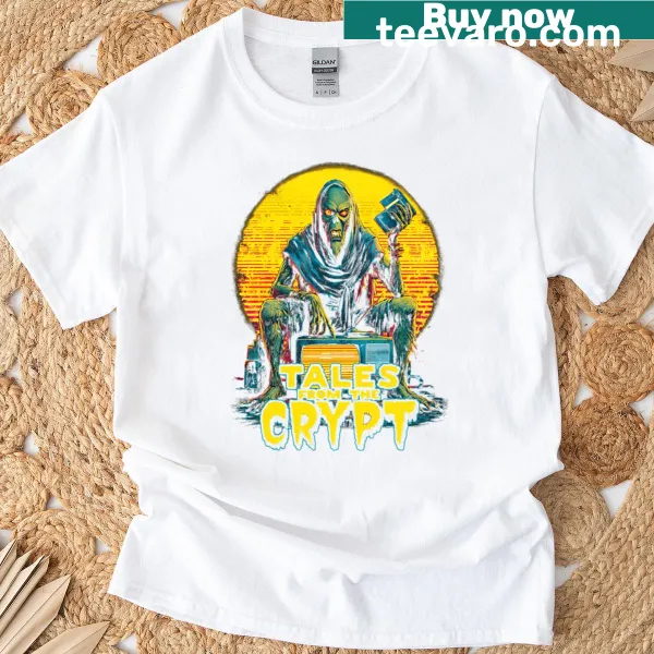 Distressed graphic of crypt tales on T-shirt