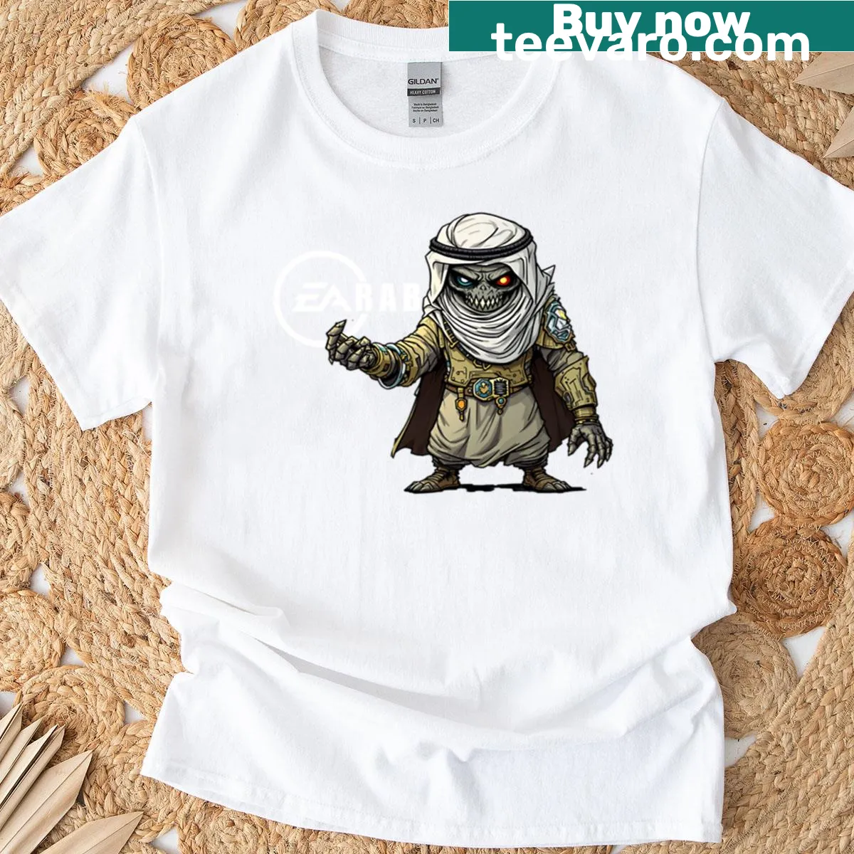 Cartoon-style T-shirt depicting an Arab investor takeover — on a men's t-shirt