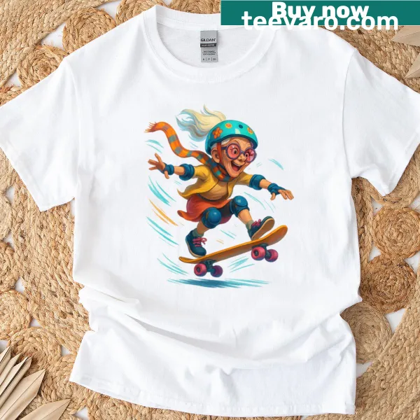 Funny illustration of a skateboard grandma doing an ollie T-shirt