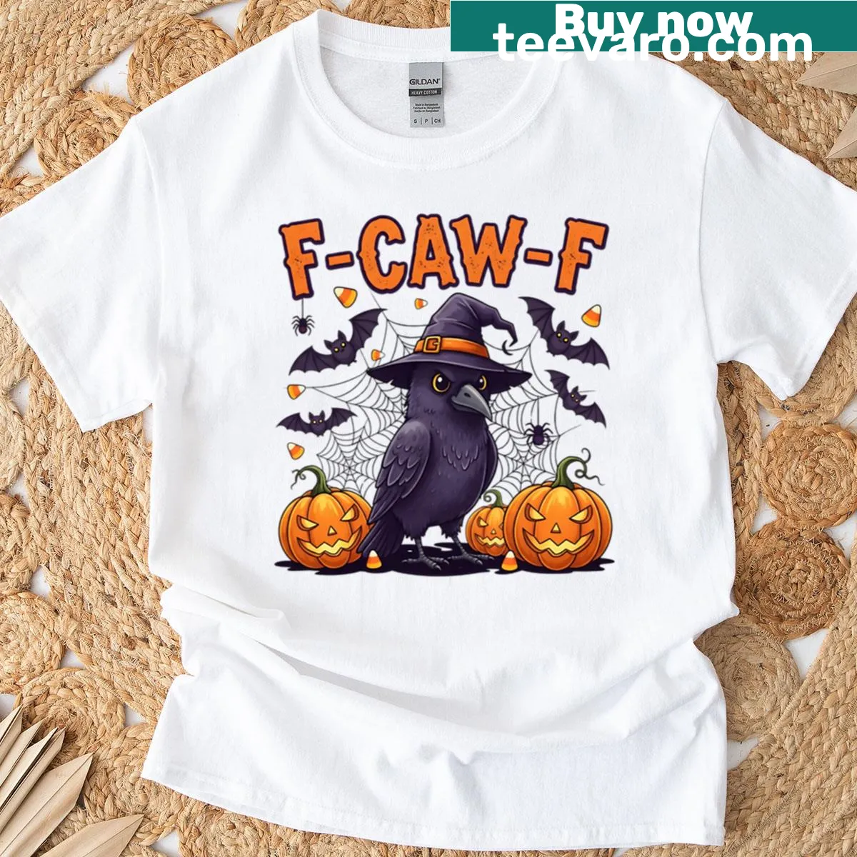 Funny spooky crow Halloween graphic T-shirt — on a men's t-shirt