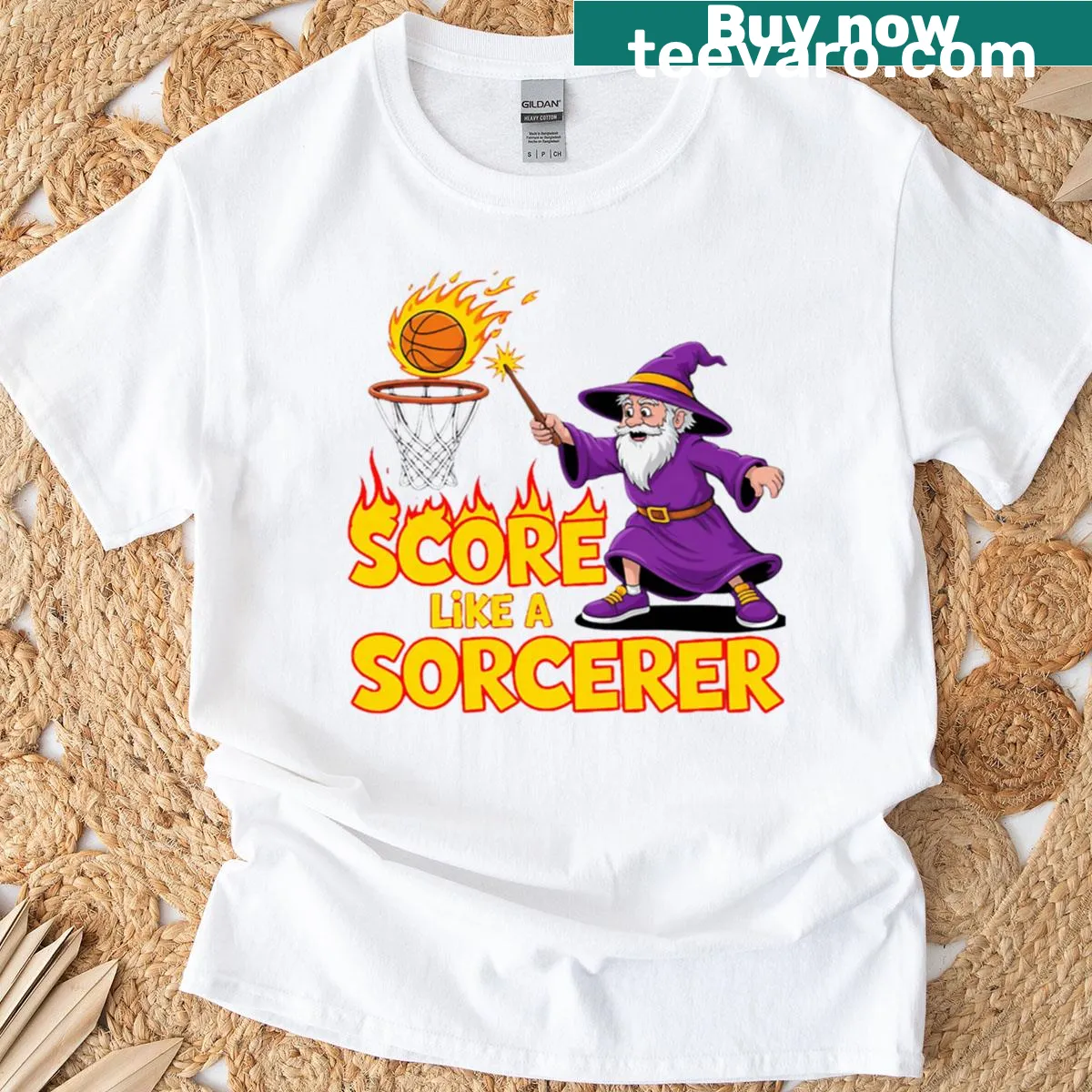 Cartoon sorcerer themed T-shirt for fantasy basketball draft league — on a men's t-shirt