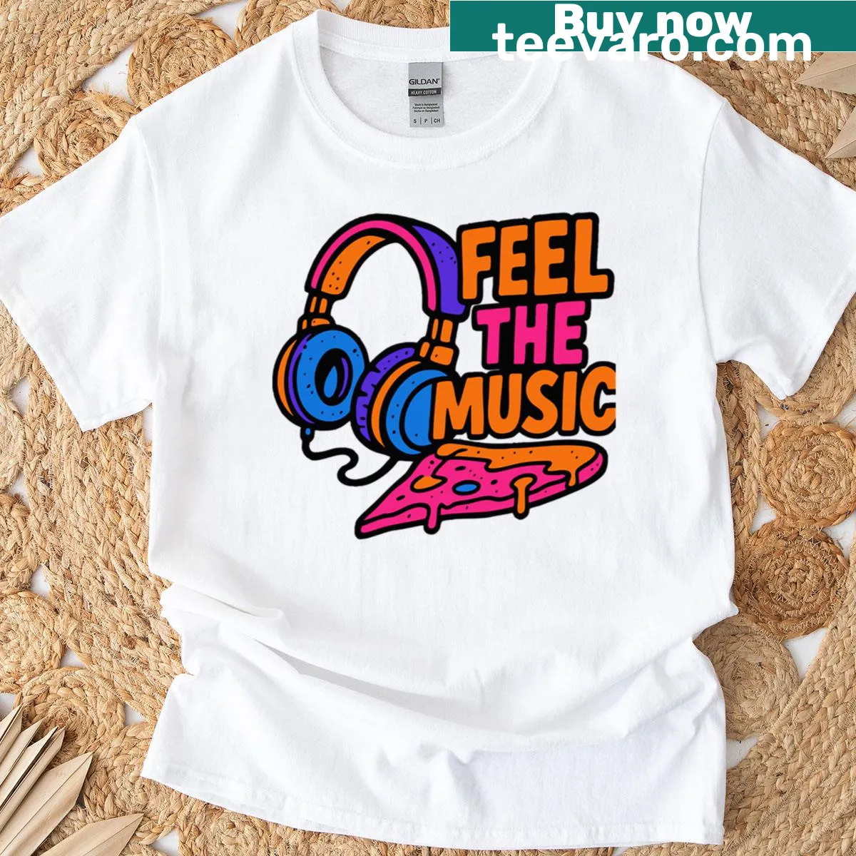 Bold 'Feel The Music' graphic T-shirt — on a men's t-shirt