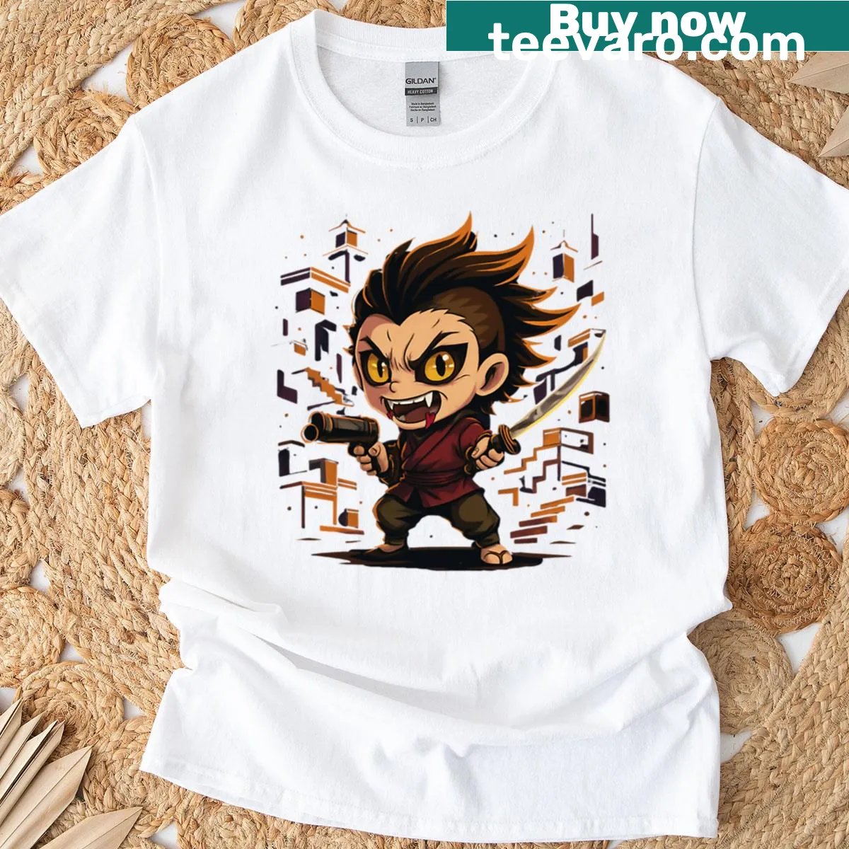 Chibi-style fierce fighter graphic on T-shirt — on a men's t-shirt