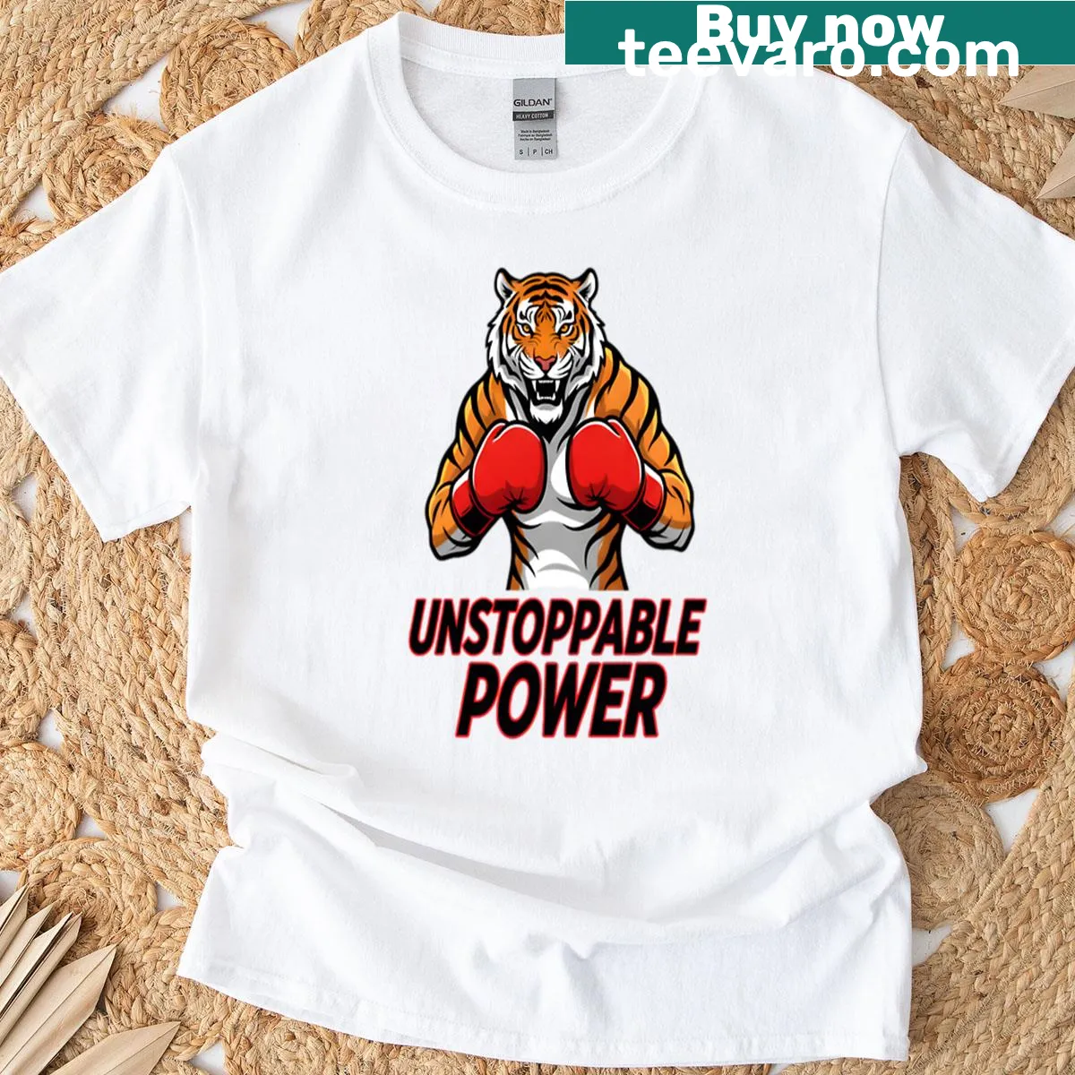 Illustration of a fierce tiger boxing with power — on a men's t-shirt