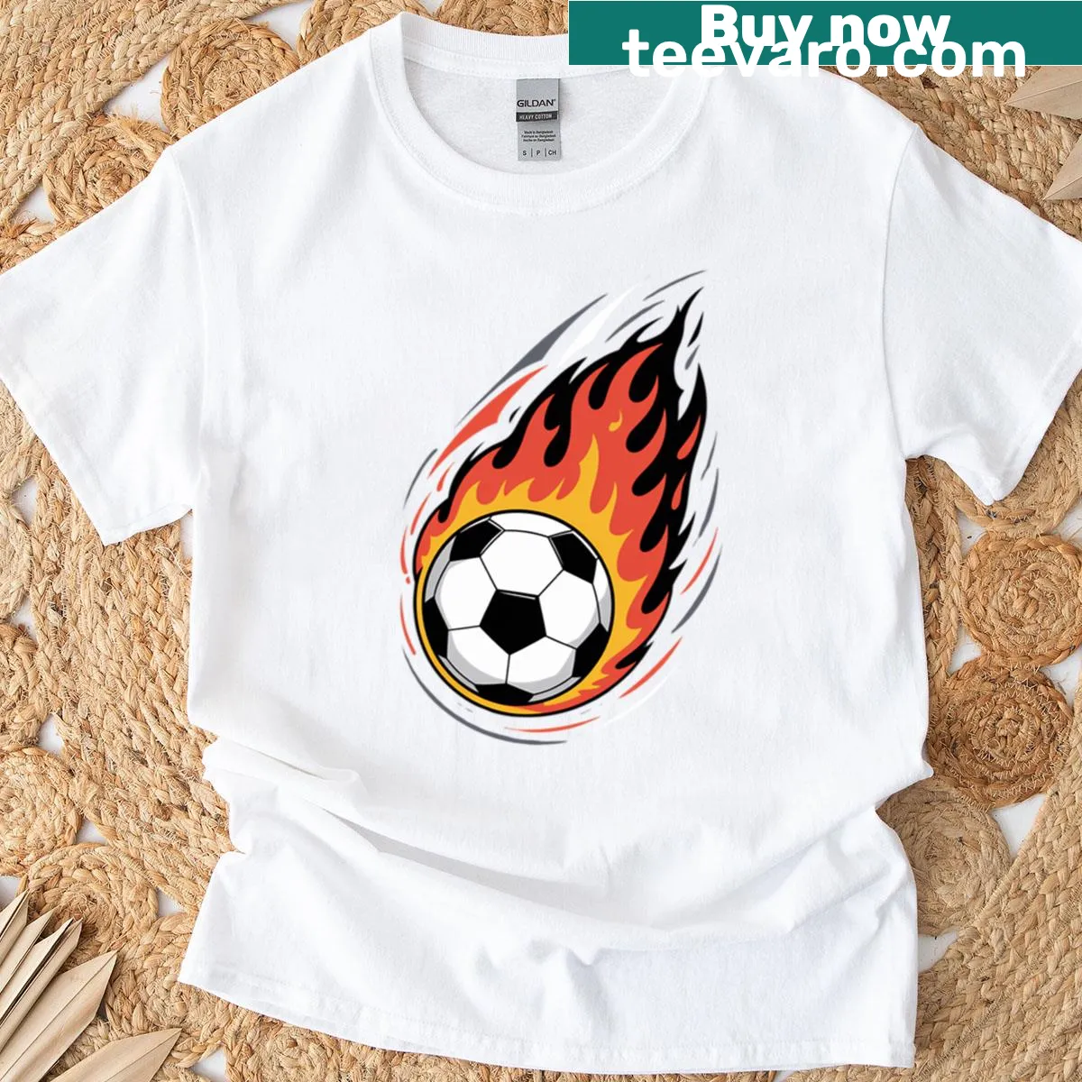Flaming football graphic T-shirt for sports enthusiasts — on a men's t-shirt